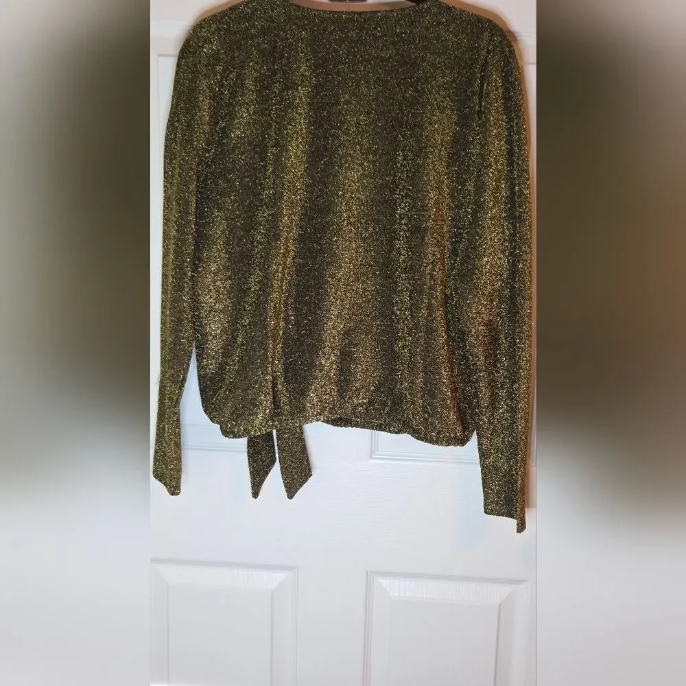 Michael Kors XL Shimmering Black Gold Faux Wrap V-Neck Lslv Women's Sweater